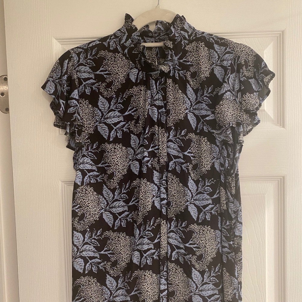 High neck / Mock top with frills - black and blue floral design - viscose
